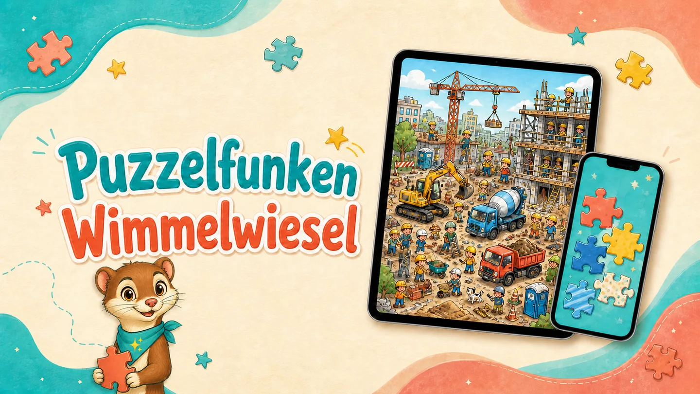 Puzzelfunken Wimmelwiesel auf einem Tablet