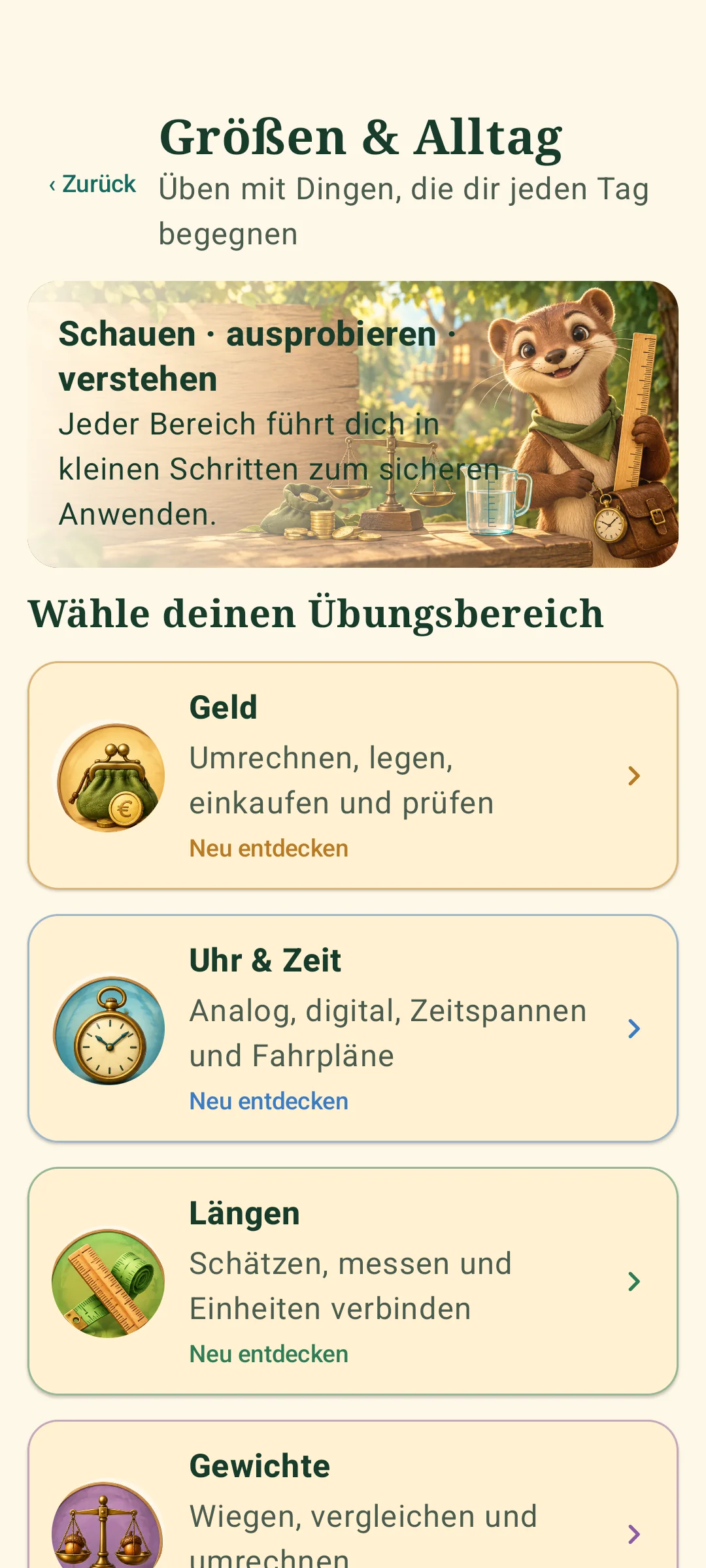 Übungsbereiche für Größen und Alltag
