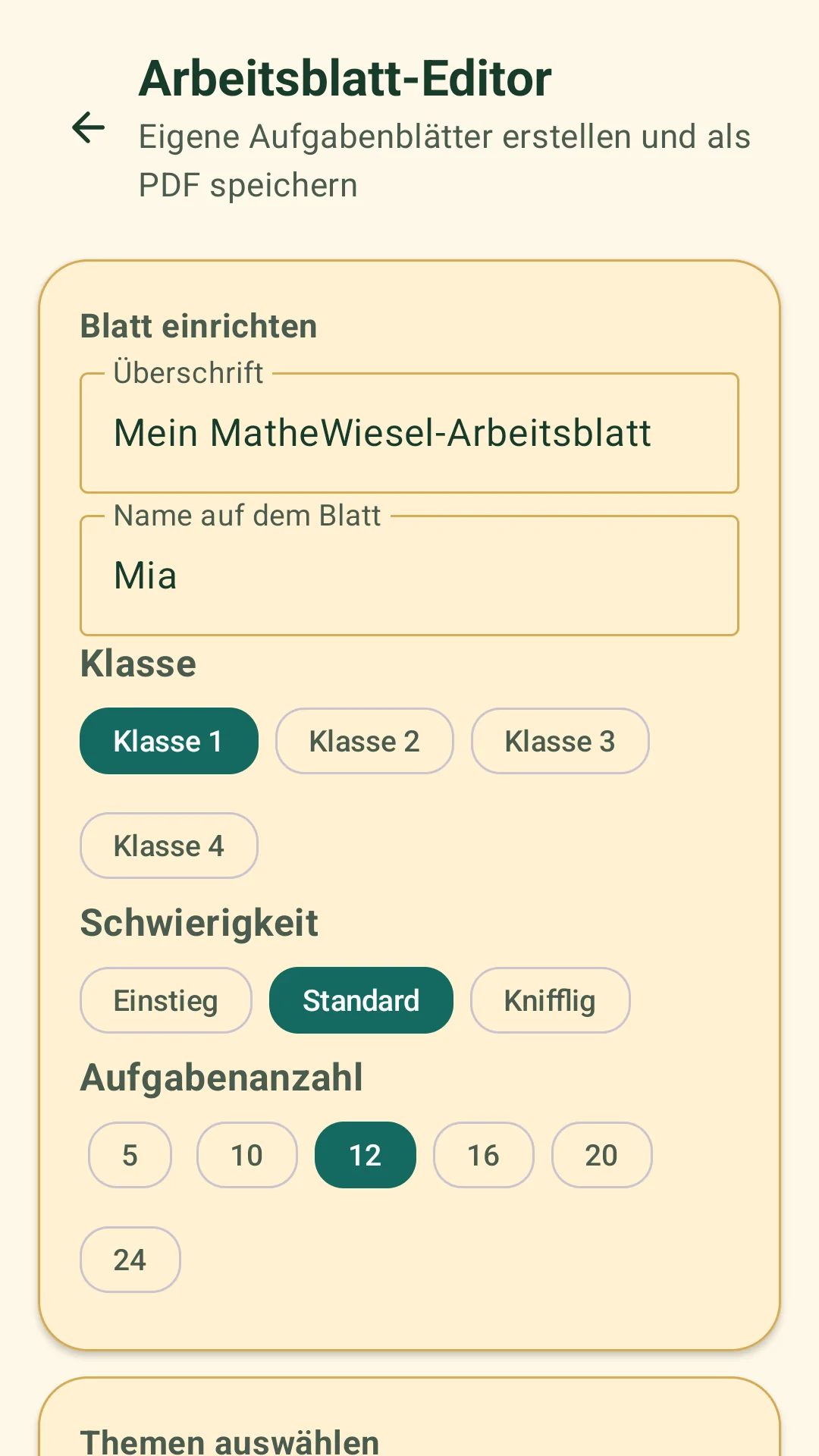 Arbeitsblatt-Editor mit Auswahl von Klasse und Aufgaben