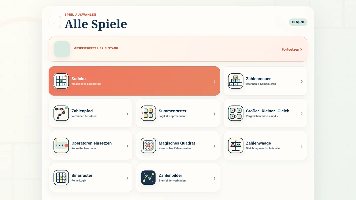 Spielauswahl mit allen zehn Zahlenrätseln