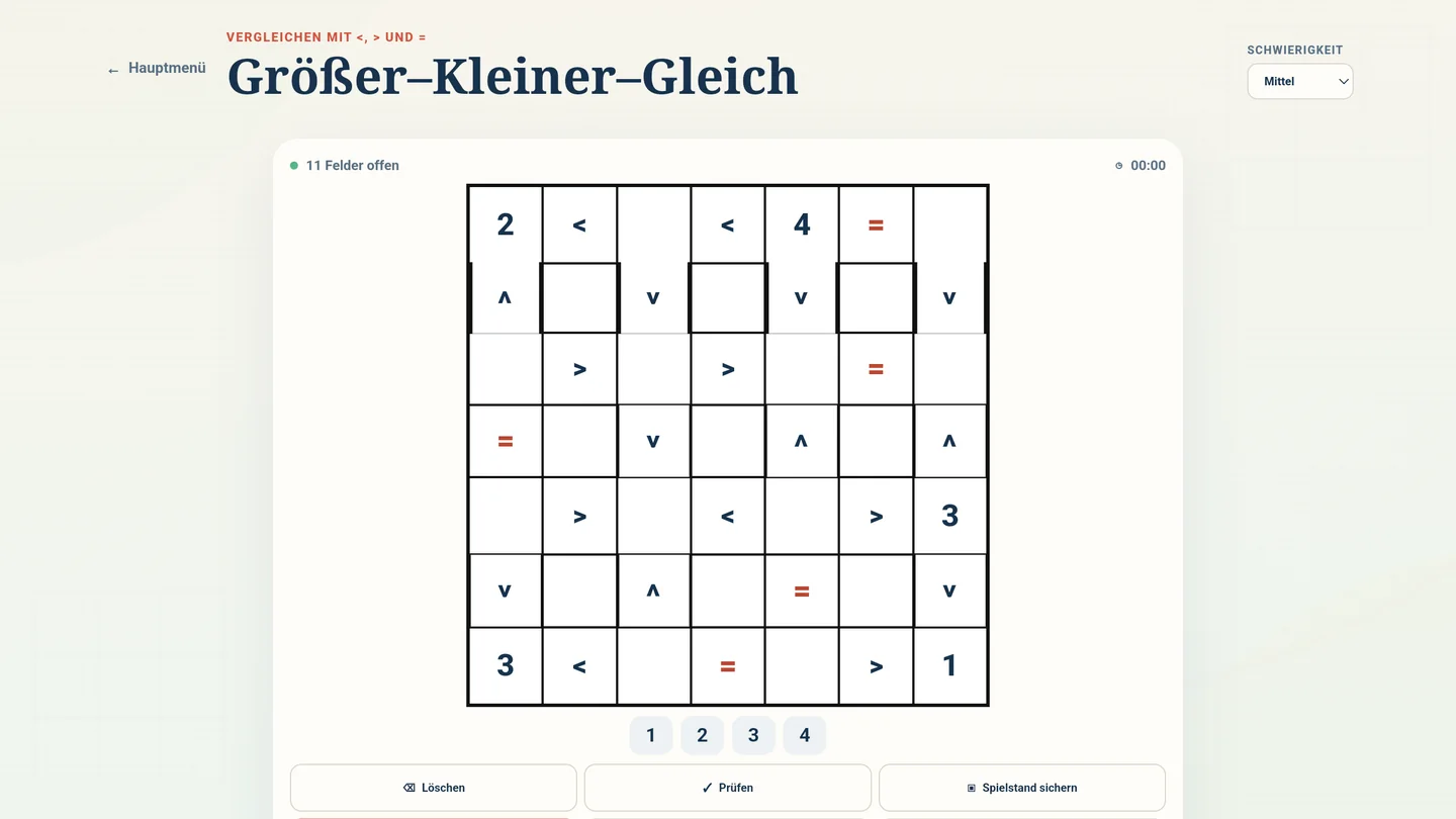 Rätsel Größer–Kleiner–Gleich mit schwarzem Raster
