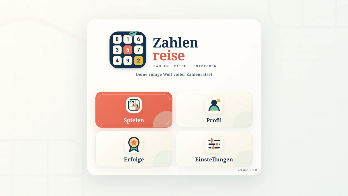 Zahlenfunken-Hauptmenü mit Spielen, Profil, Erfolgen und Einstellungen